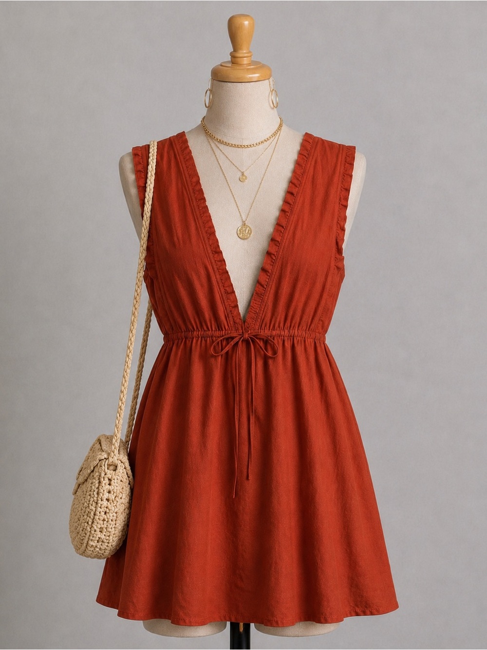 Cleobella Rust V-Neck Tie-Back Mini Dress